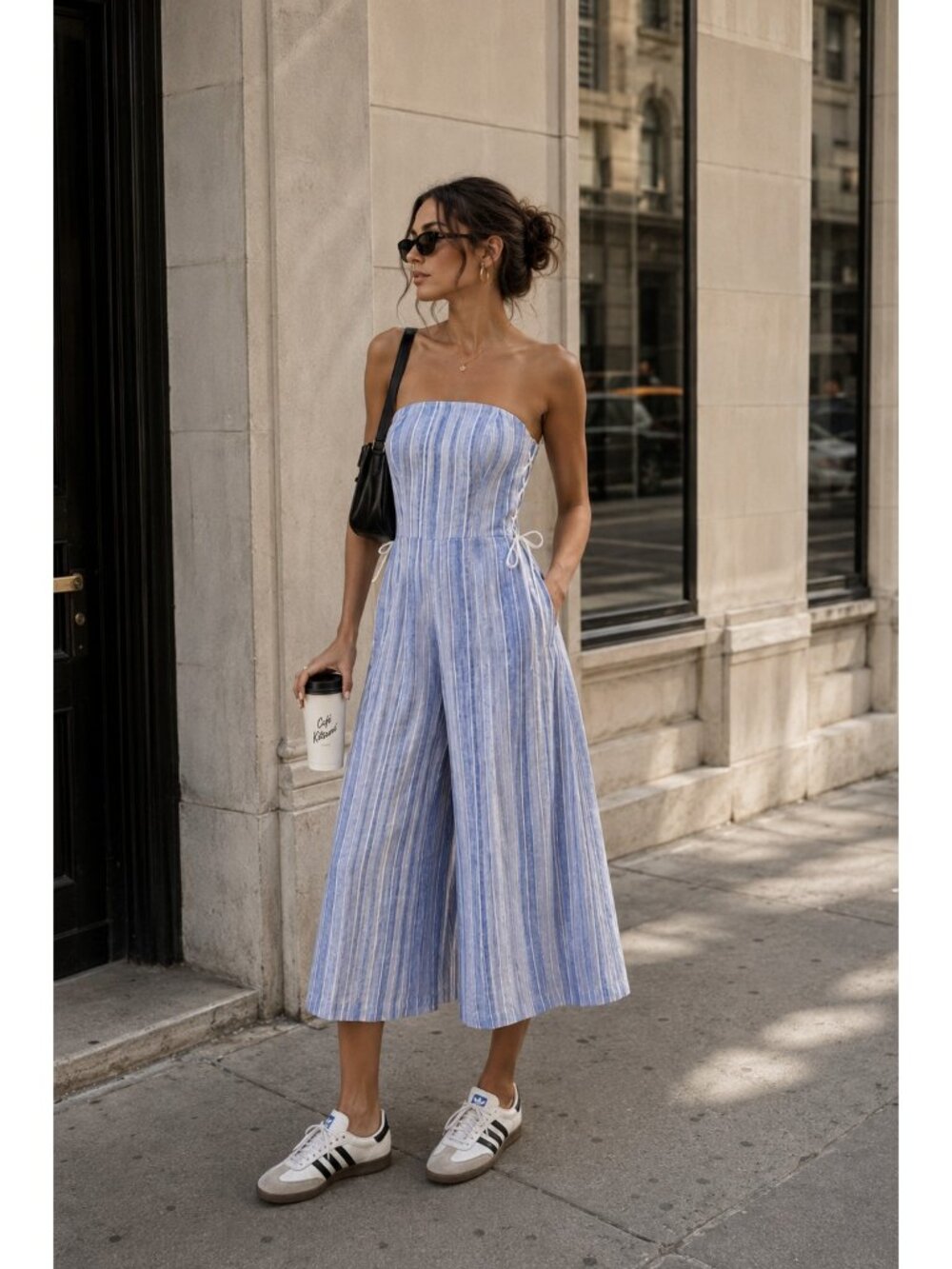 Clue Monaco Size 4 Blue White Linen Striped Wide Leg Jumpsuit Lace Up